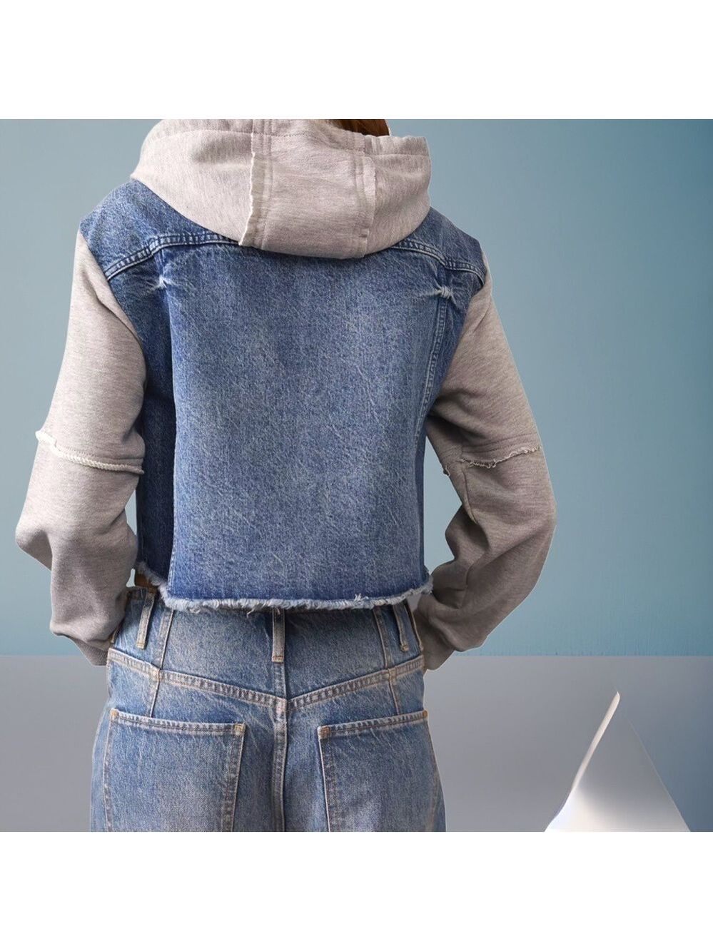 FREE PEOPLE Throwback Denim/Knit Hoodie Style Raw Hem Relaxed Crop Jacket-Md NWT - Picture 5 of 16